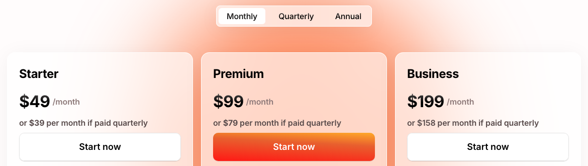 Minea pricing page: Starter $49 a month or $39 paid quarterly
